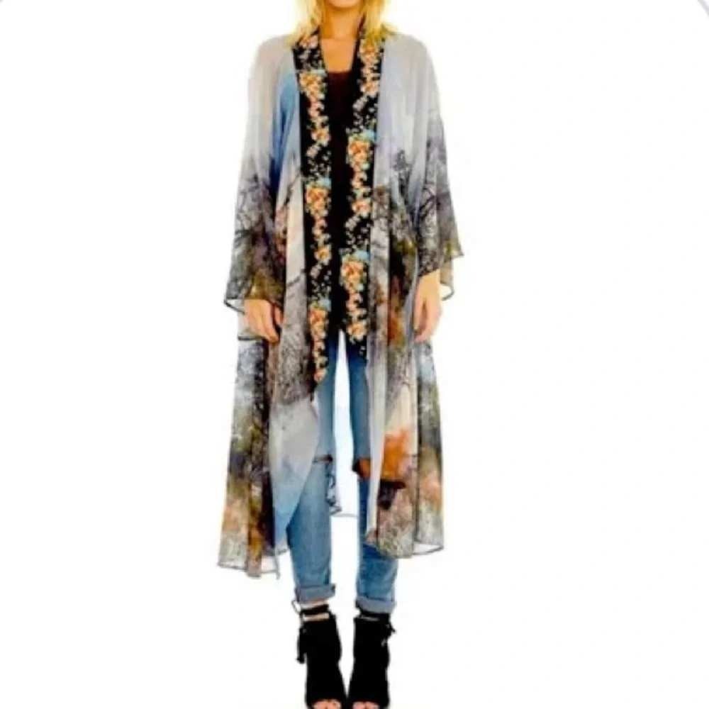 Aratta Silent Journey Anthropologie Deer Stag Floral Beaded Kimono Duster XL